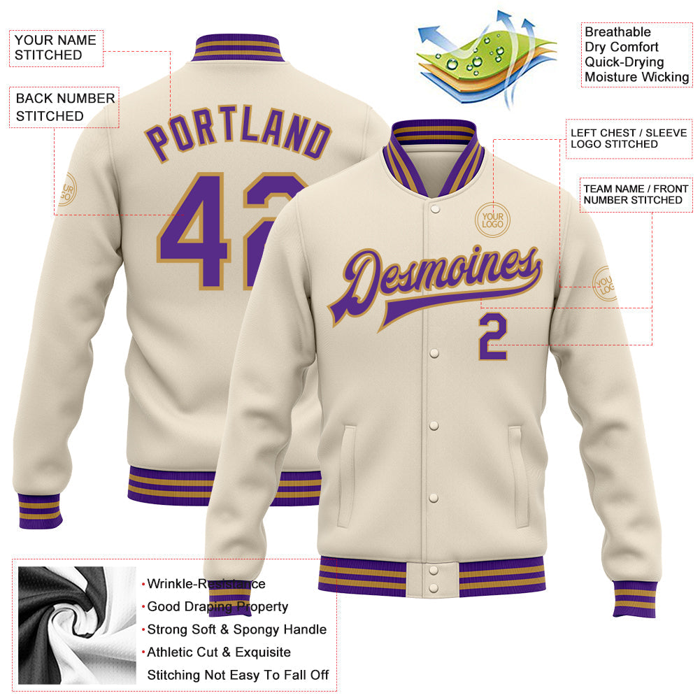 Custom Cream Purple-Old Gold Bomber Full-Snap Varsity Letterman Jacket
