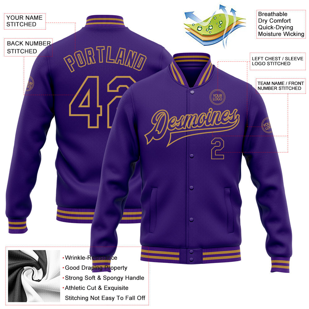 Custom Purple Old Gold Bomber Full-Snap Varsity Letterman Jacket
