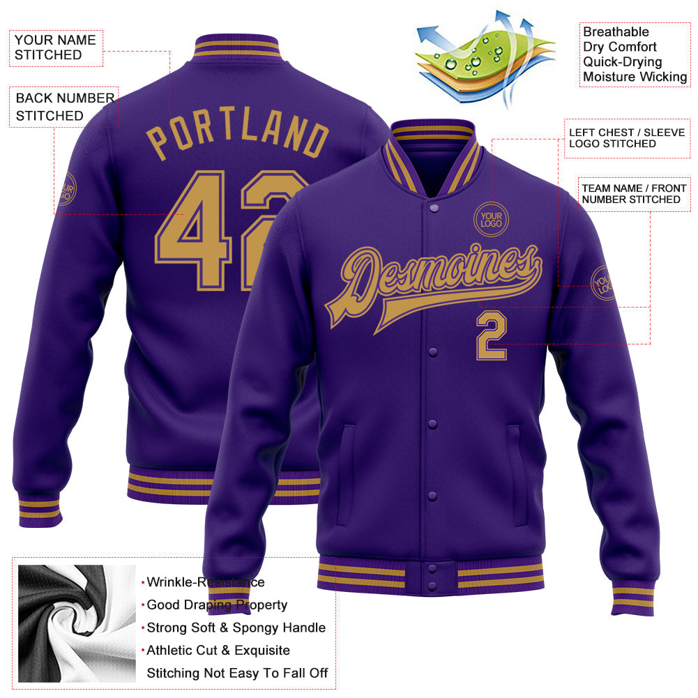 Custom Purple Old Gold Bomber Full-Snap Varsity Letterman Jacket