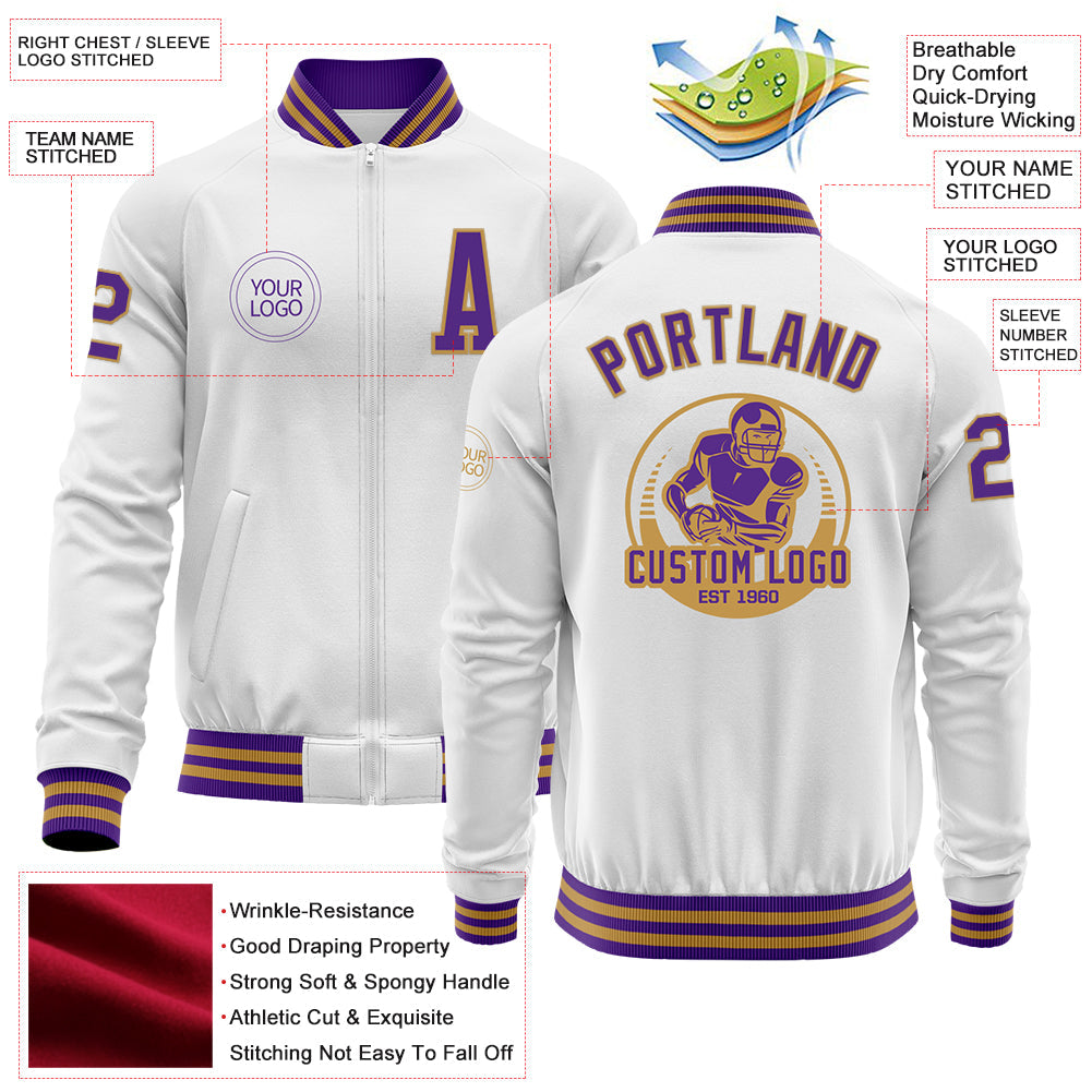 Custom White Purple-Old Gold Bomber Varsity Letterman Zipper Jacket