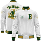 Custom White Green-Old Gold Bomber Varsity Letterman Zipper Jacket