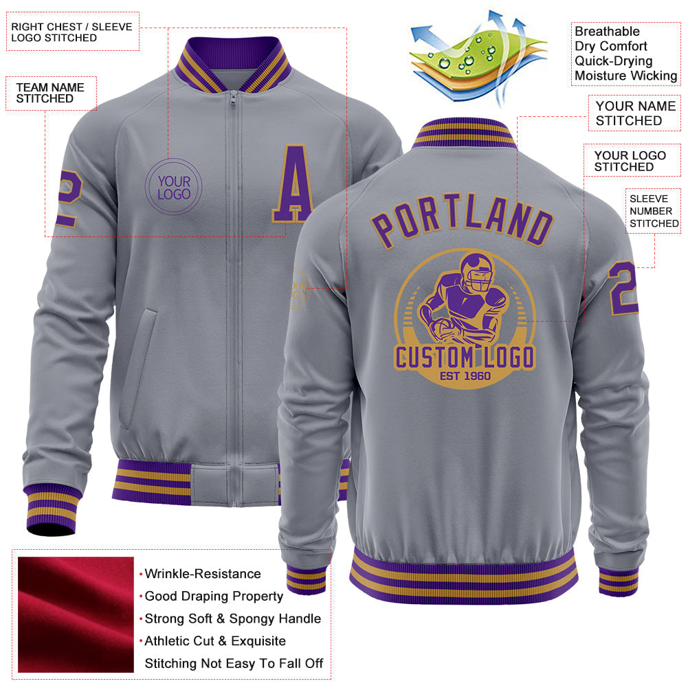 Custom Gray Purple-Old Gold Bomber Varsity Letterman Zipper Jacket
