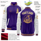 Custom Purple Old Gold-White Bomber Varsity Letterman Two Tone Zipper Jacket