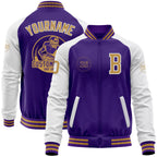 Custom Purple Old Gold-White Bomber Varsity Letterman Two Tone Zipper Jacket