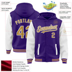 Custom Purple Old Gold-White Bomber Full-Snap Varsity Letterman Two Tone Hoodie Jacket