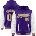 Custom Purple Old Gold-White Bomber Full-Snap Varsity Letterman Two Tone Hoodie Jacket