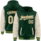 Custom Green Cream-Old Gold Bomber Full-Snap Varsity Letterman Two Tone Hoodie Jacket