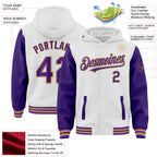 Custom White Purple-Old Gold Bomber Full-Snap Varsity Letterman Two Tone Hoodie Jacket