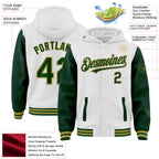 Custom White Green-Old Gold Bomber Full-Snap Varsity Letterman Two Tone Hoodie Jacket