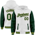 Custom White Green-Old Gold Bomber Full-Snap Varsity Letterman Two Tone Hoodie Jacket