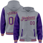 Custom Gray Purple-Old Gold Bomber Full-Snap Varsity Letterman Two Tone Hoodie Jacket