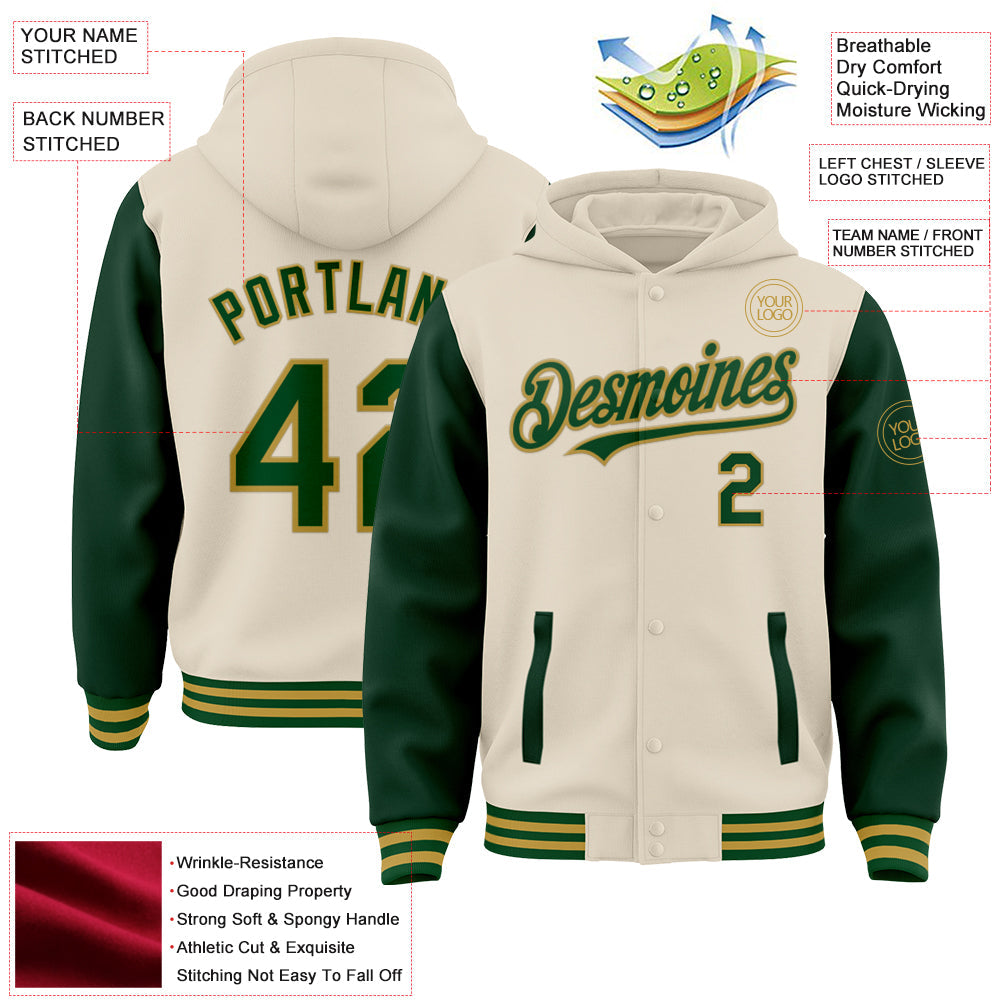 Custom Cream Green-Old Gold Bomber Full-Snap Varsity Letterman Two Tone Hoodie Jacket