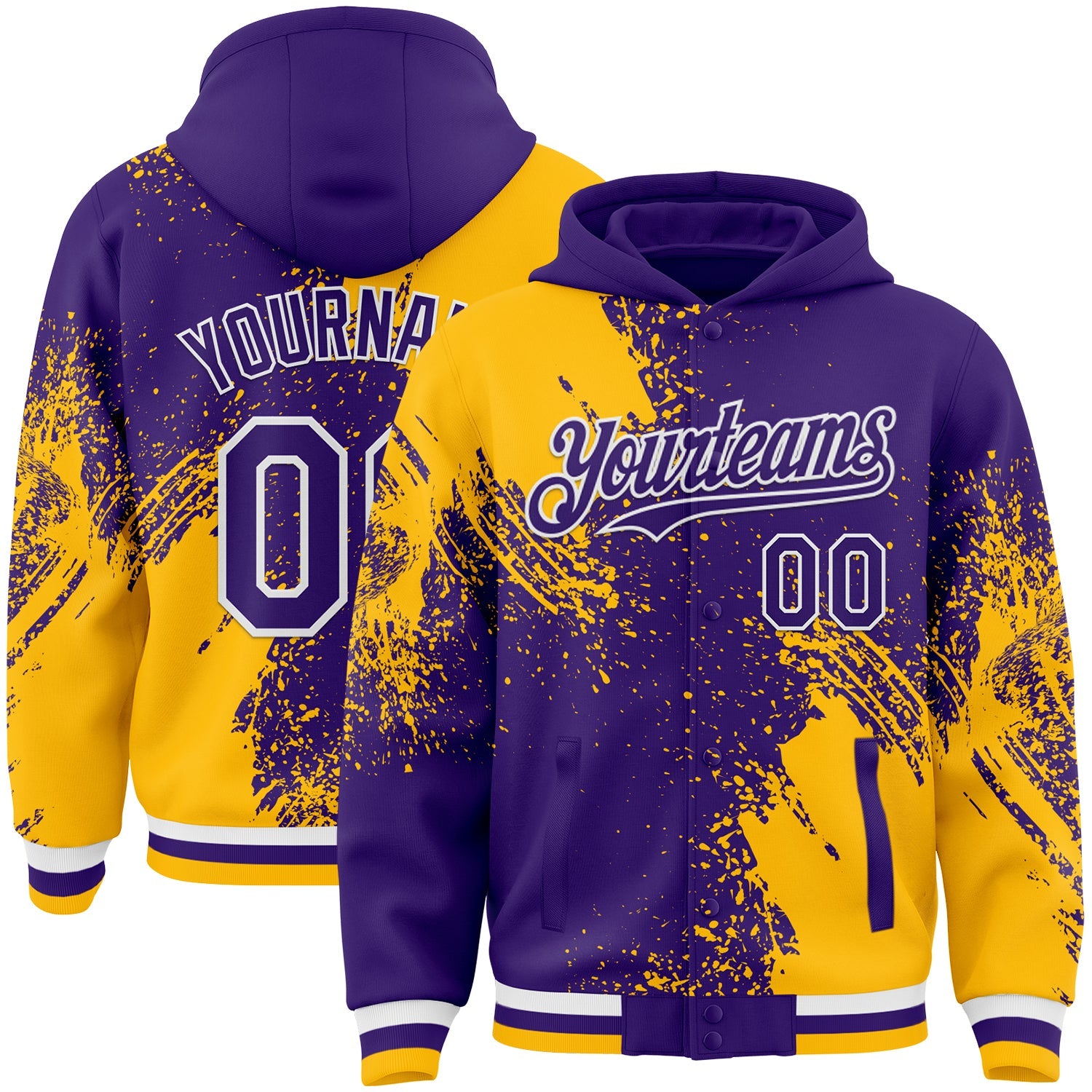 Custom Purple Gold-White Abstract Brush Stroke 3D Pattern Design Bomber Full-Snap Varsity Letterman Hoodie Jacket