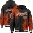 Custom Black Texas Orange-White Abstract Brush Stroke 3D Pattern Design Bomber Full-Snap Varsity Letterman Hoodie Jacket