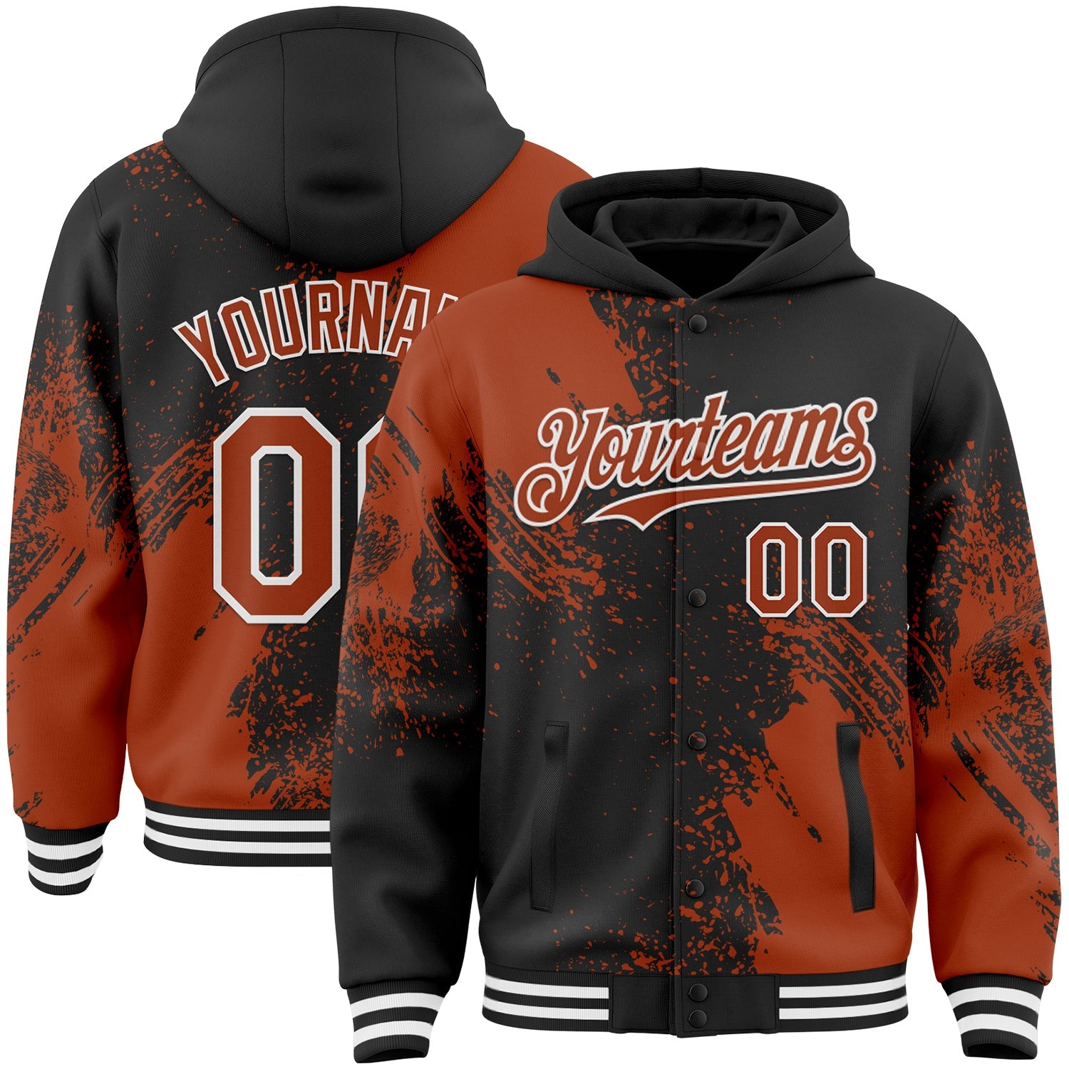 Custom Black Texas Orange-White Abstract Brush Stroke 3D Pattern Design Bomber Full-Snap Varsity Letterman Hoodie Jacket