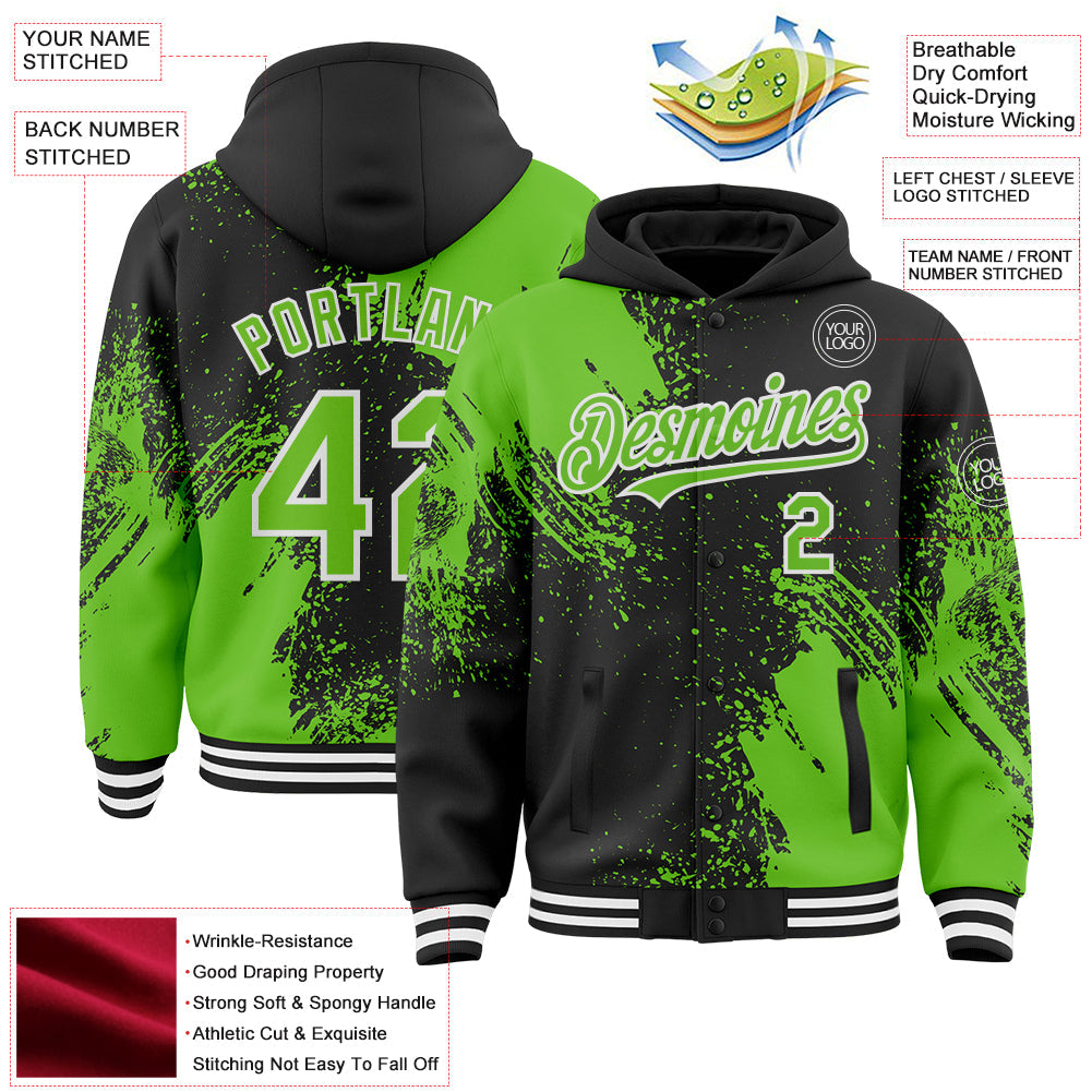 Custom Black Aurora Green-White Abstract Brush Stroke 3D Pattern Design Bomber Full-Snap Varsity Letterman Hoodie Jacket