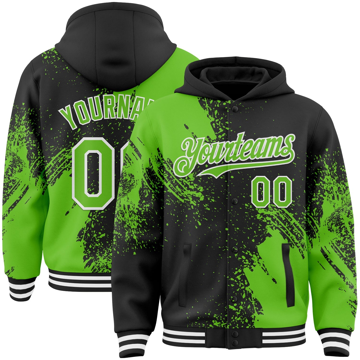 Custom Black Aurora Green-White Abstract Brush Stroke 3D Pattern Design Bomber Full-Snap Varsity Letterman Hoodie Jacket