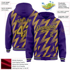 Custom Purple Old Gold Black-White Zigzag Shape 3D Pattern Design Bomber Full-Snap Varsity Letterman Hoodie Jacket