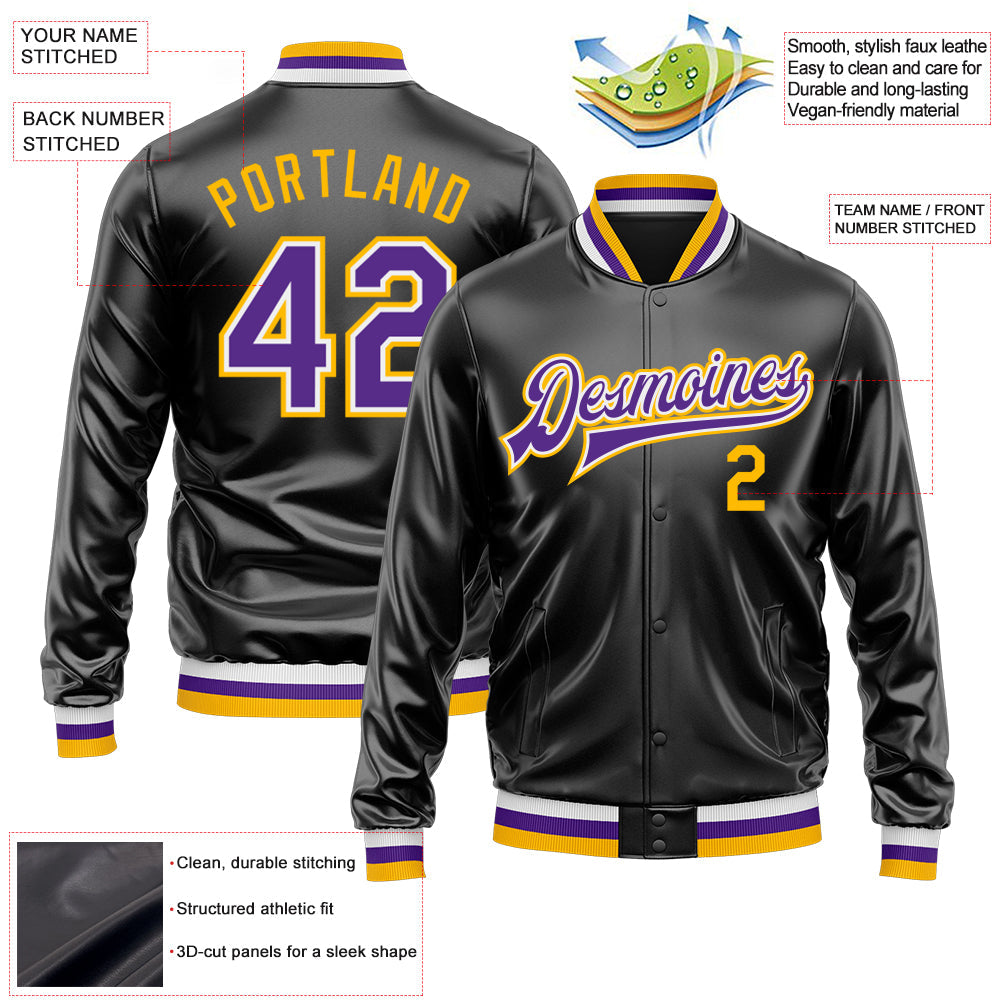 Custom Black Purple-Gold Bomber Full-Snap Varsity Faux Leather Letterman Jacket