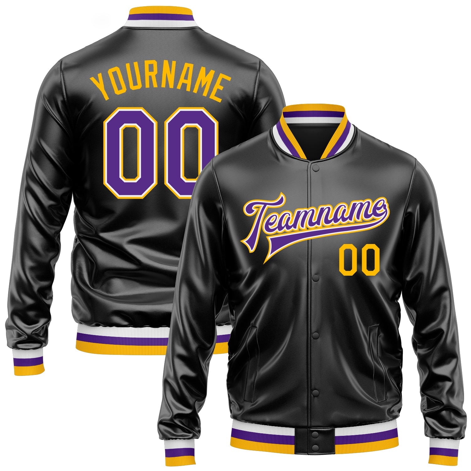 Custom Black Purple-Gold Bomber Full-Snap Varsity Faux Leather Letterman Jacket