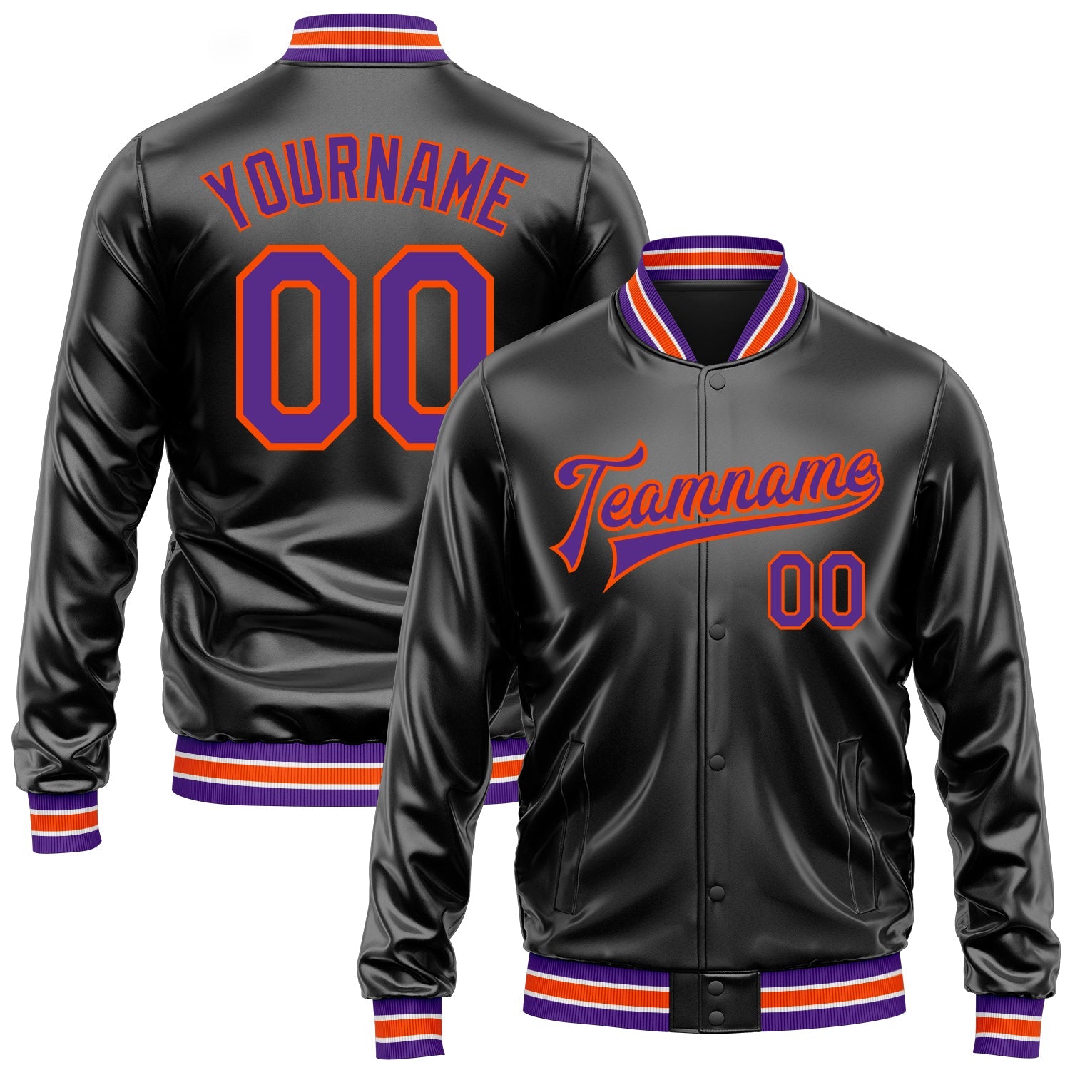 Custom Black Purple-Orange Bomber Full-Snap Varsity Faux Leather Letterman Jacket