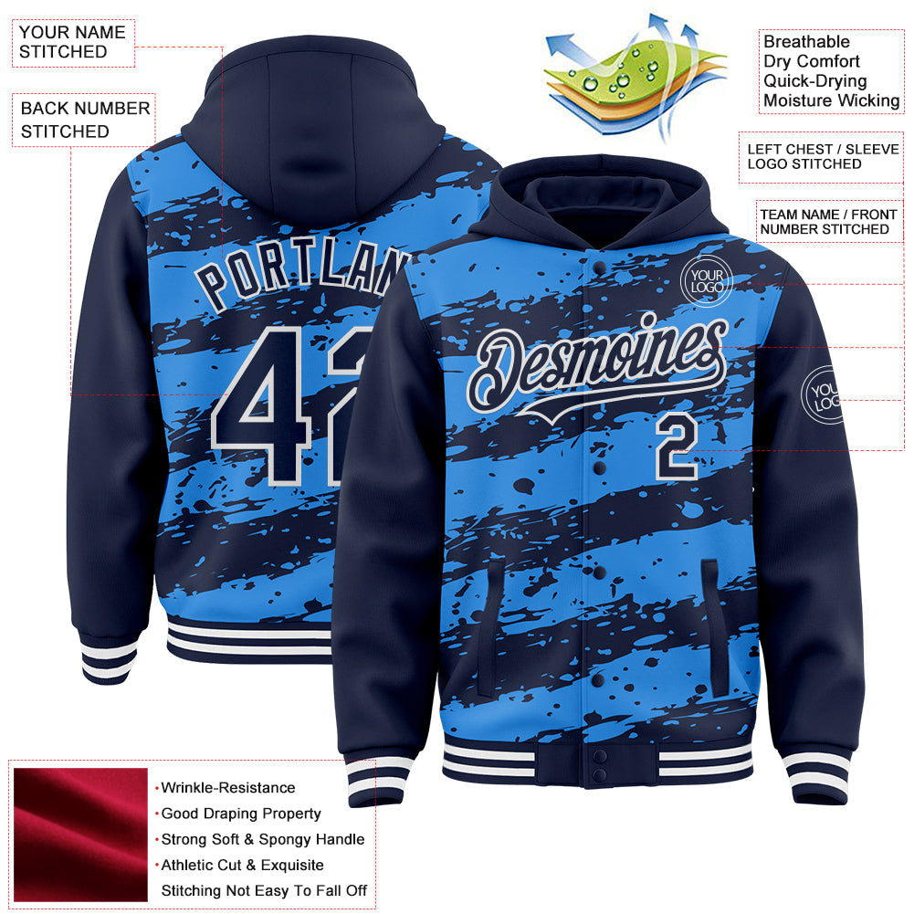 Custom Powder Blue Navy-White Splash 3D Pattern Design Bomber Full-Snap Varsity Letterman Hoodie Jacket