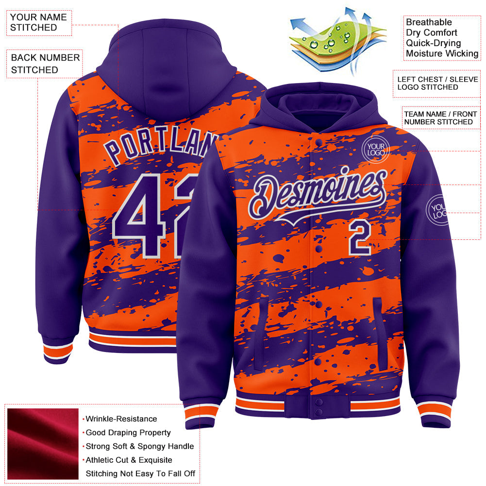 Custom Orange Purple-White Splash 3D Pattern Design Bomber Full-Snap Varsity Letterman Hoodie Jacket