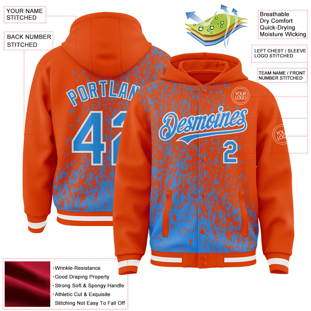 Custom Orange Powder Blue-White Abstract Fragment Art 3D Pattern Design Bomber Full-Snap Varsity Letterman Hoodie Jacket