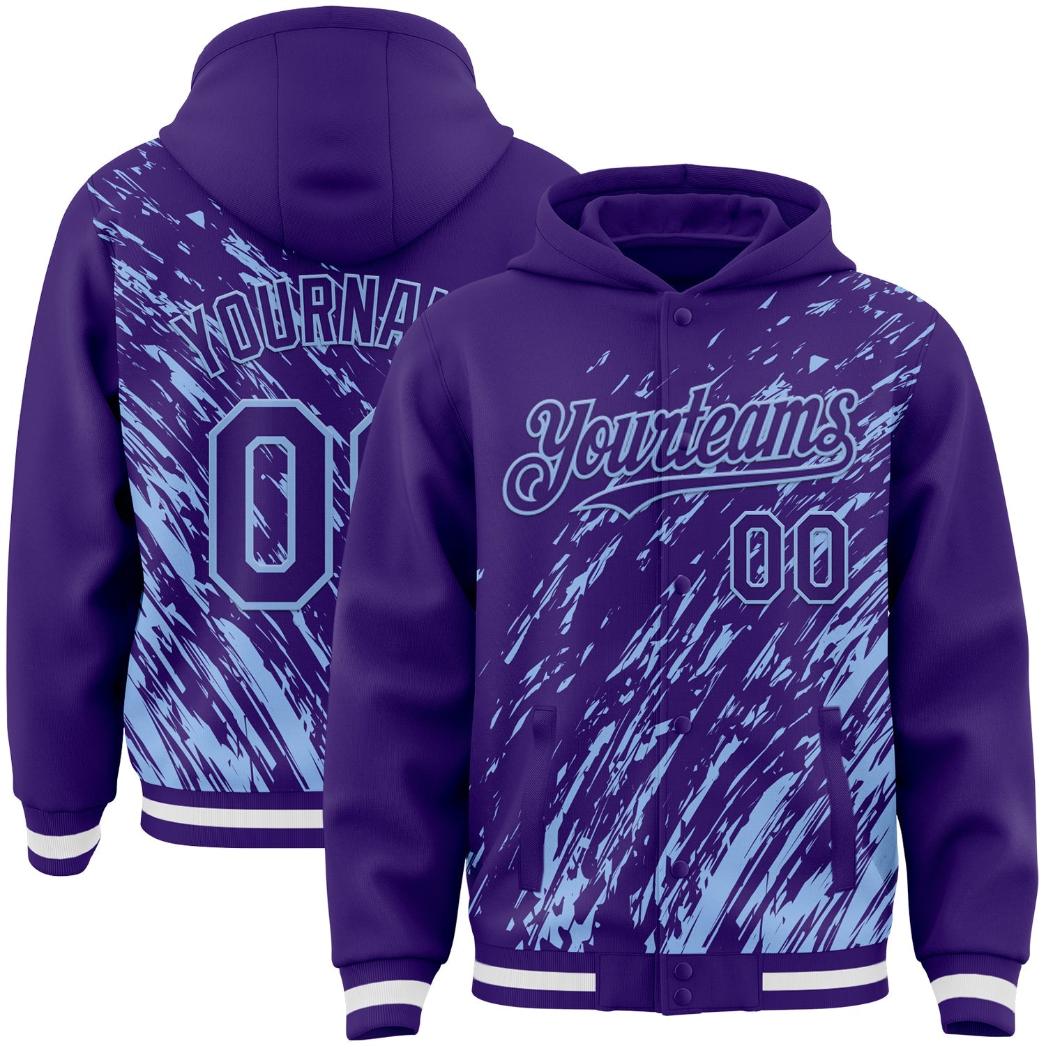 Custom Purple Purple-Light Blue 3D Pattern Design Bomber Full-Snap Varsity Letterman Hoodie Jacket
