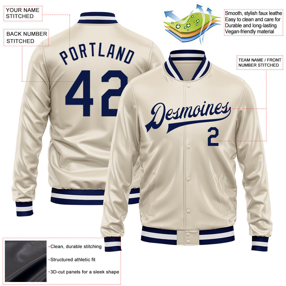 Custom Cream Navy Bomber Full-Snap Varsity Faux Leather Letterman Jacket
