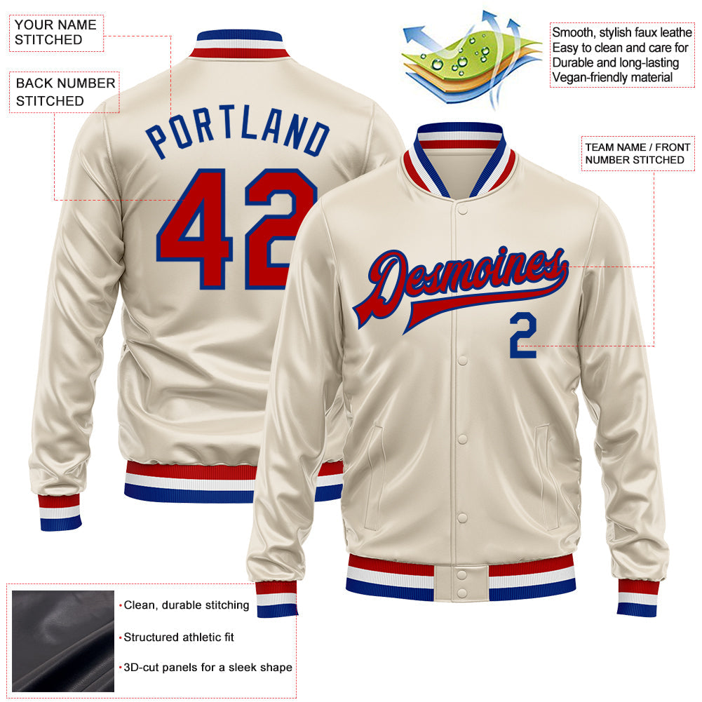 Custom Cream Red-Royal Bomber Full-Snap Varsity Faux Leather Letterman Jacket