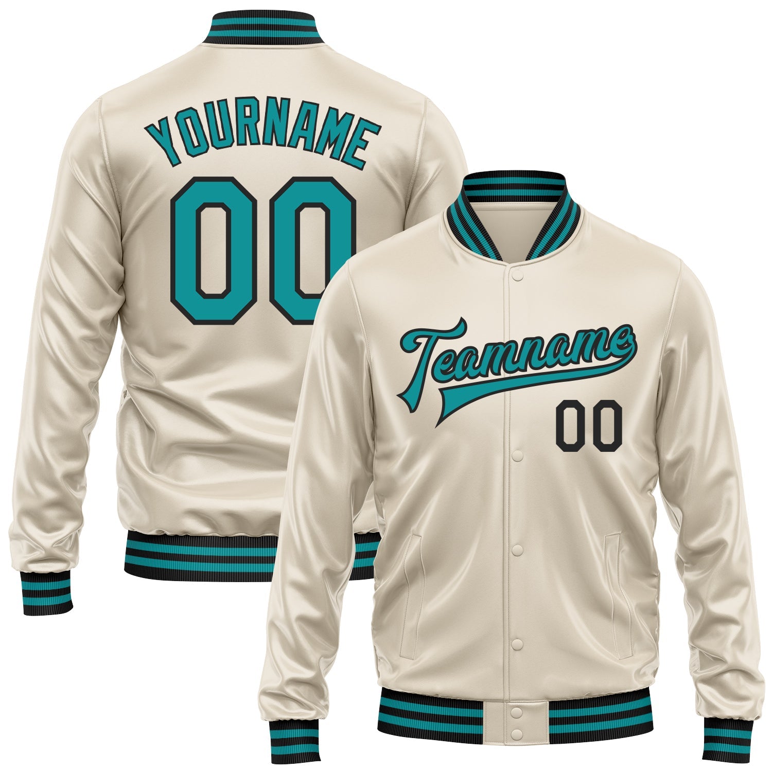Custom Cream Teal-Black Bomber Full-Snap Varsity Faux Leather Letterman Jacket