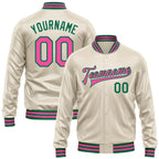 Custom Cream Pink-Kelly Green Bomber Full-Snap Varsity Faux Leather Letterman Jacket