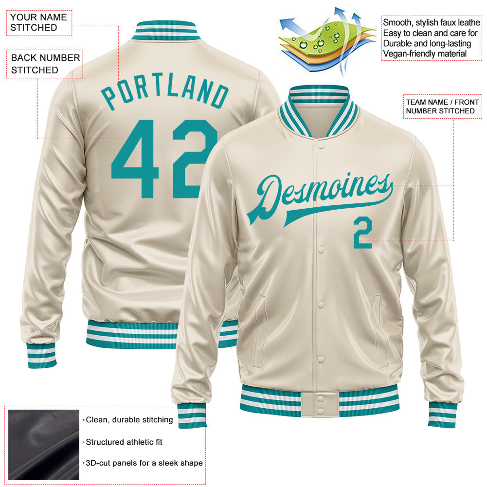 Custom Cream Teal Bomber Full-Snap Varsity Faux Leather Letterman Jacket