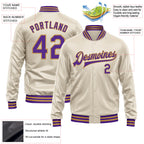 Custom Cream Purple-Old Gold Bomber Full-Snap Varsity Faux Leather Letterman Jacket