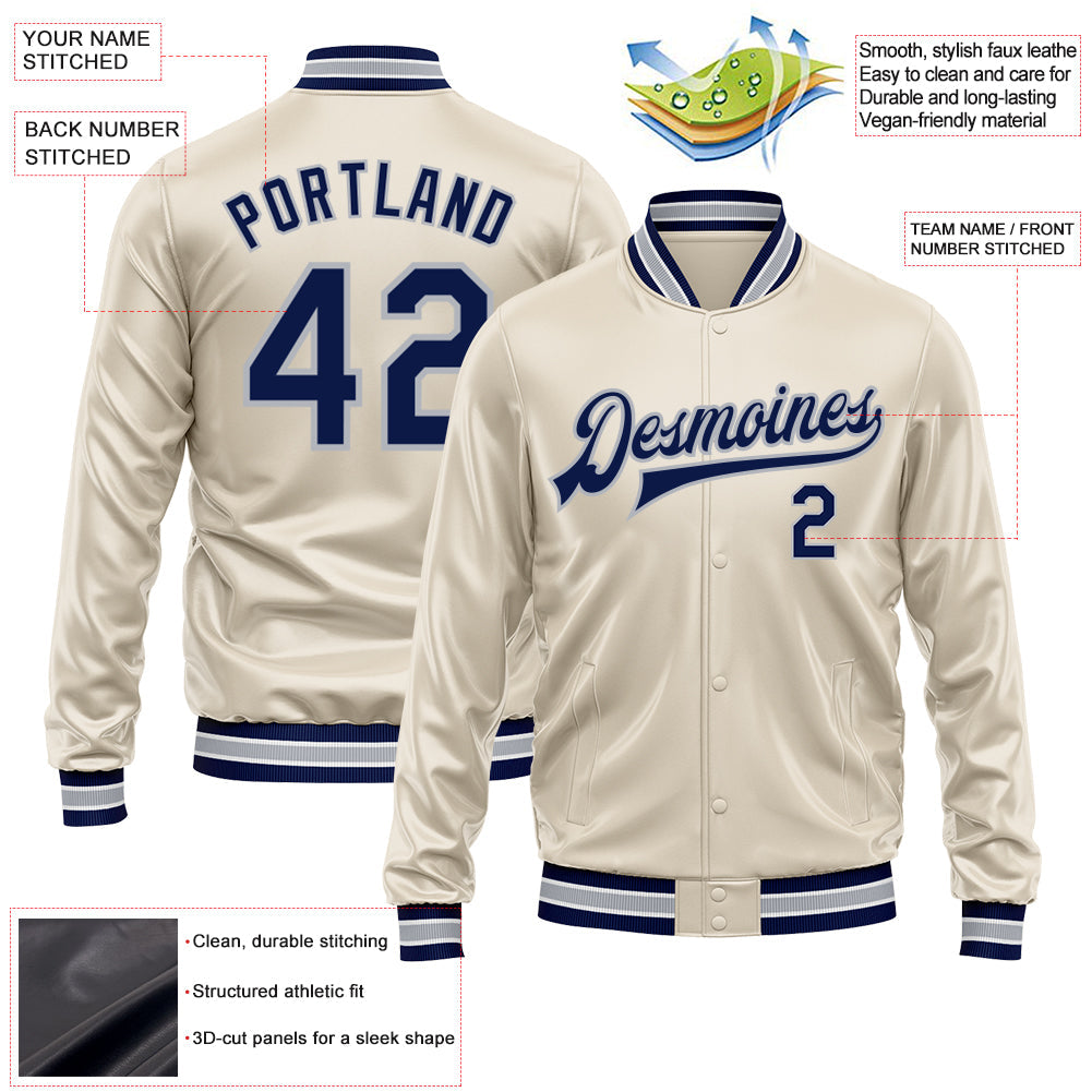 Custom Cream Navy-Gray Bomber Full-Snap Varsity Faux Leather Letterman Jacket