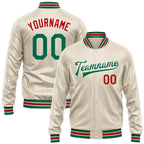 Custom Cream Kelly Green-Red Bomber Full-Snap Varsity Faux Leather Letterman Jacket
