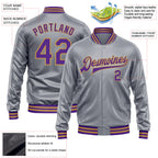 Custom Gray Purple-Old Gold Bomber Full-Snap Varsity Faux Leather Letterman Jacket