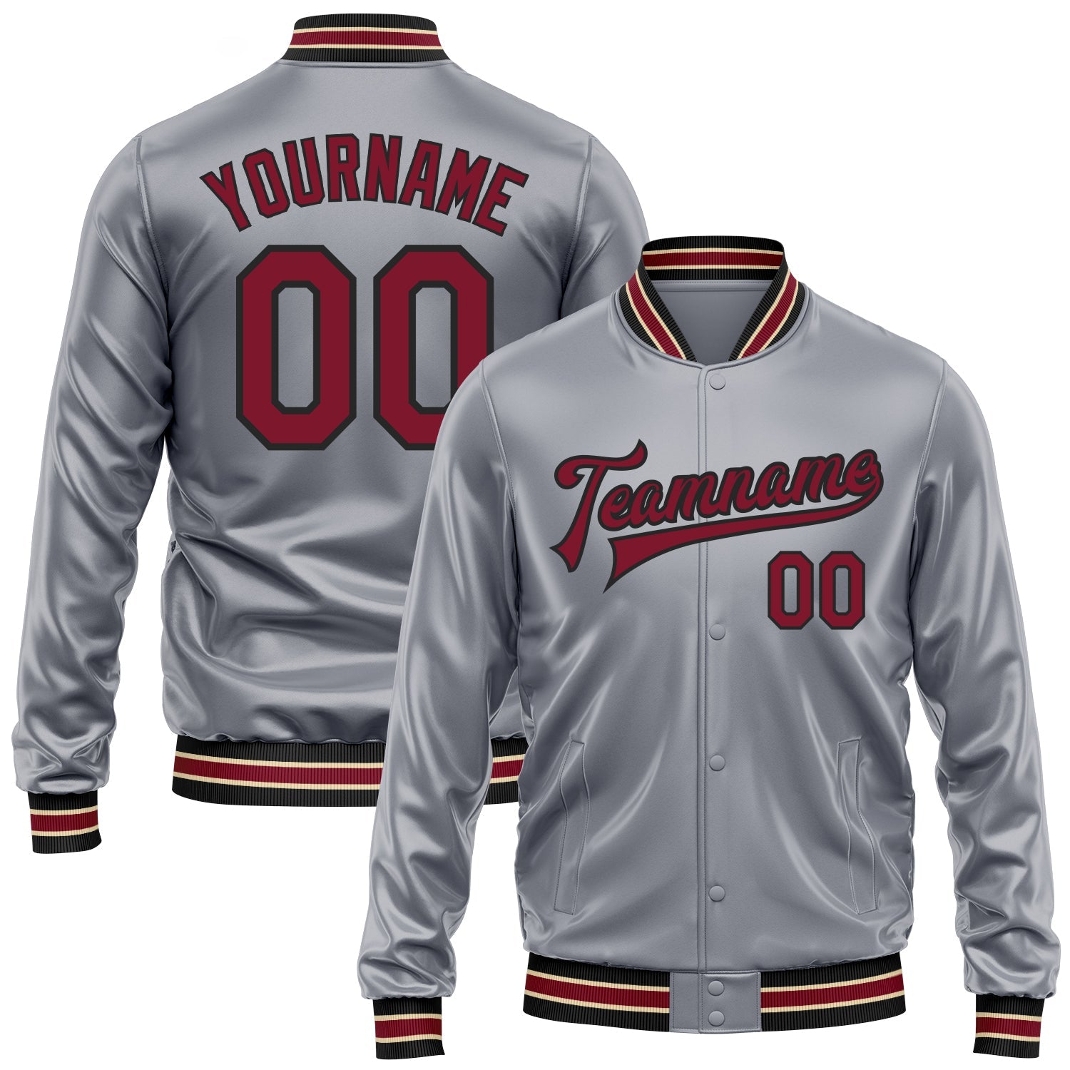 Custom Gray Crimson-Black Bomber Full-Snap Varsity Faux Leather Letterman Jacket