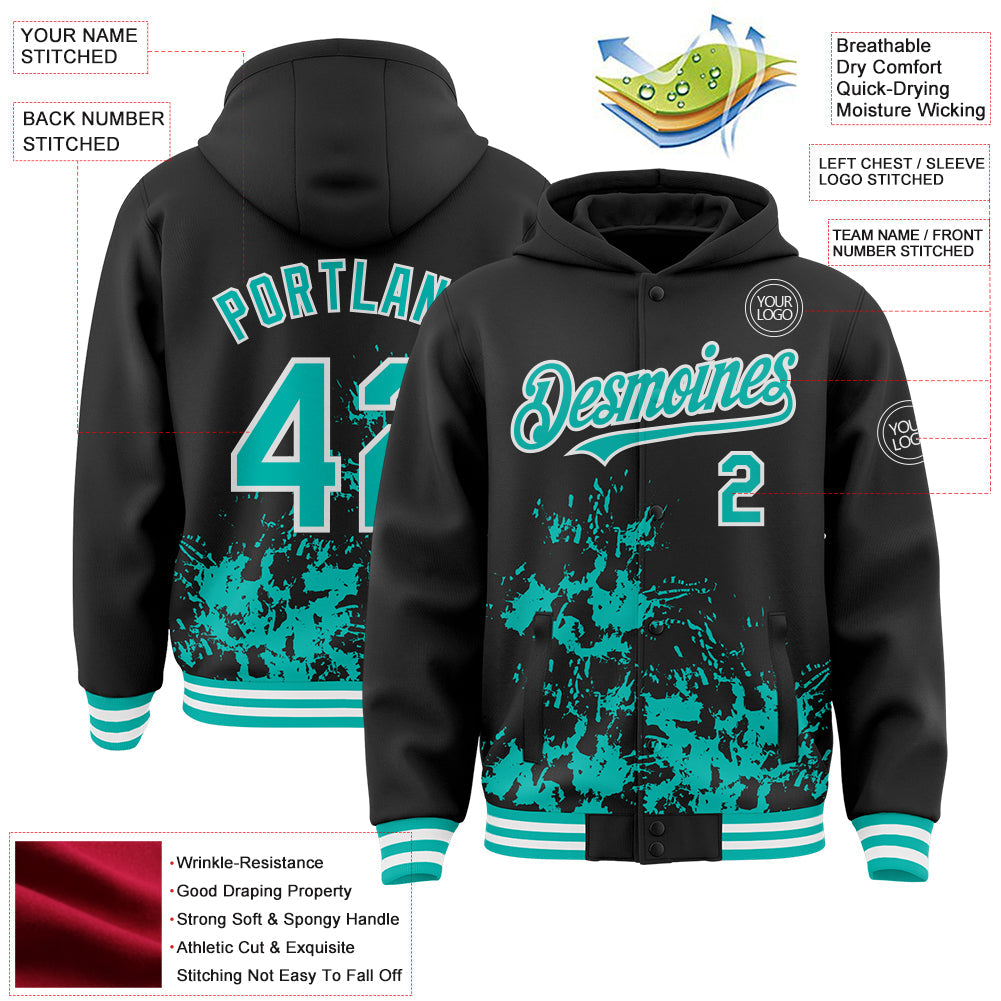 Custom Black Aqua-White Splash Art 3D Pattern Design Bomber Full-Snap Varsity Letterman Hoodie Jacket