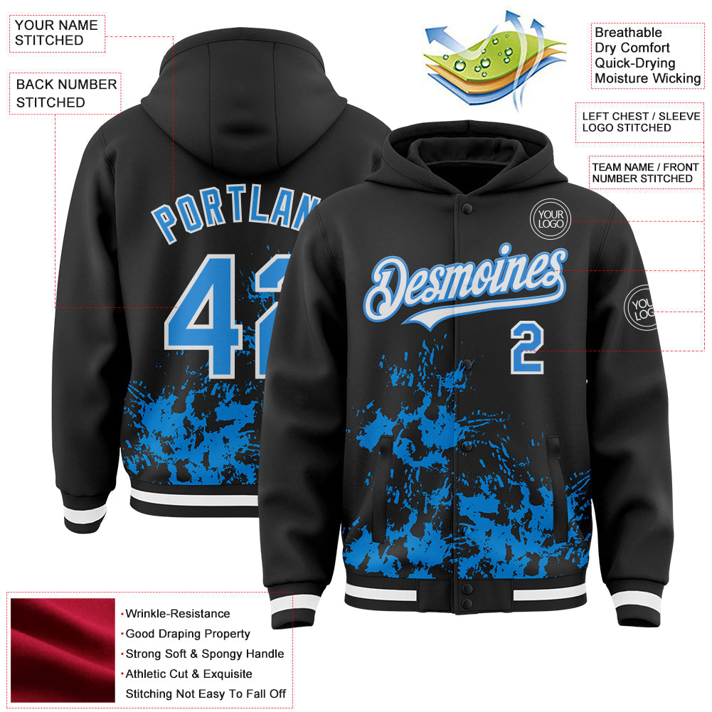 Custom Black Powder Blue-White Splash Art 3D Pattern Design Bomber Full-Snap Varsity Letterman Hoodie Jacket