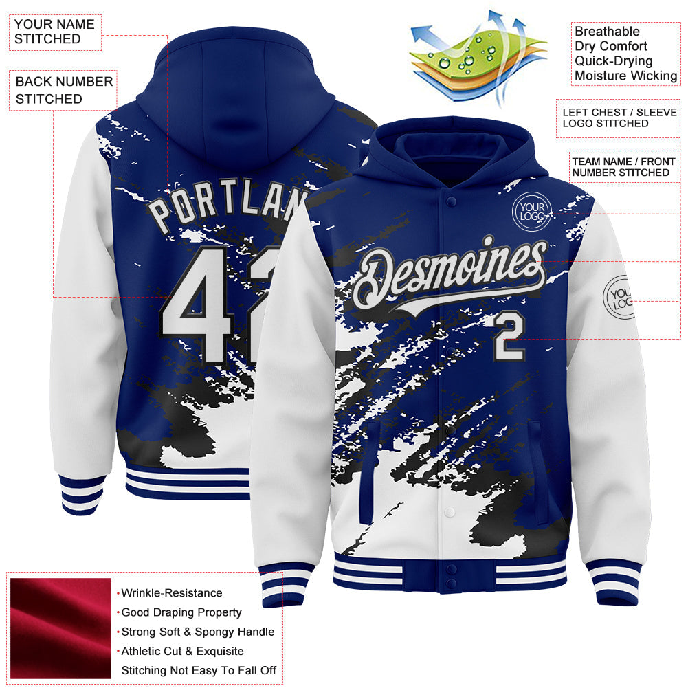 Custom Royal White-Black Splash Art 3D Pattern Design Bomber Full-Snap Varsity Letterman Hoodie Jacket