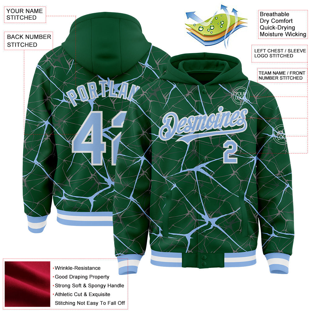 Custom Kelly Green Light Blue-White Abstract Network 3D Pattern Design Bomber Full-Snap Varsity Letterman Hoodie Jacket