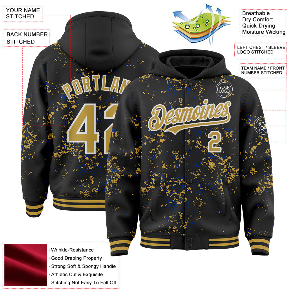 Custom Black Old Gold Royal-White Fragment 3D Pattern Design Bomber Full-Snap Varsity Letterman Hoodie Jacket