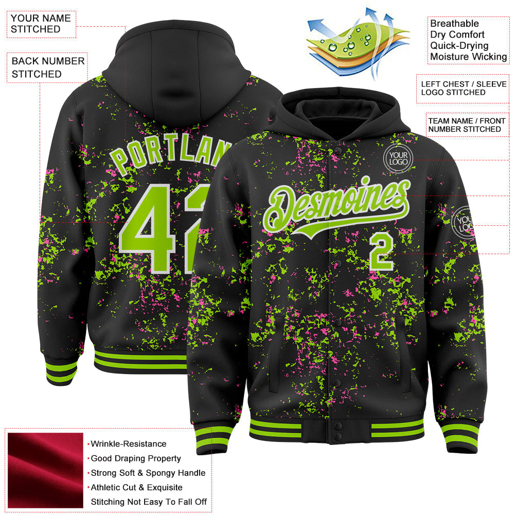 Custom Black Neon Green Pink-White Fragment 3D Pattern Design Bomber Full-Snap Varsity Letterman Hoodie Jacket