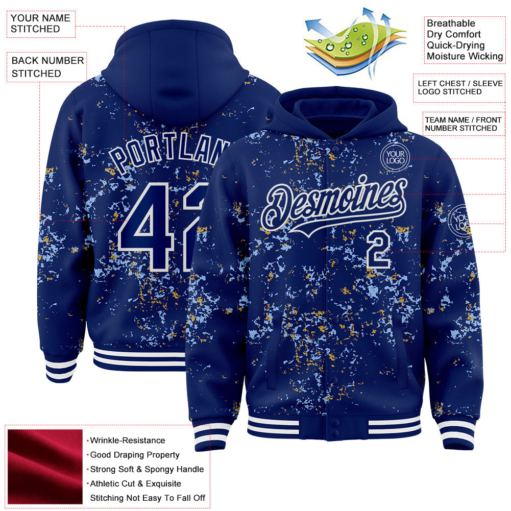 Custom Royal Light Blue Old Gold-White Fragment 3D Pattern Design Bomber Full-Snap Varsity Letterman Hoodie Jacket