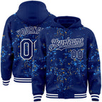 Custom Royal Powder Blue Old Gold-White Fragment 3D Pattern Design Bomber Full-Snap Varsity Letterman Hoodie Jacket