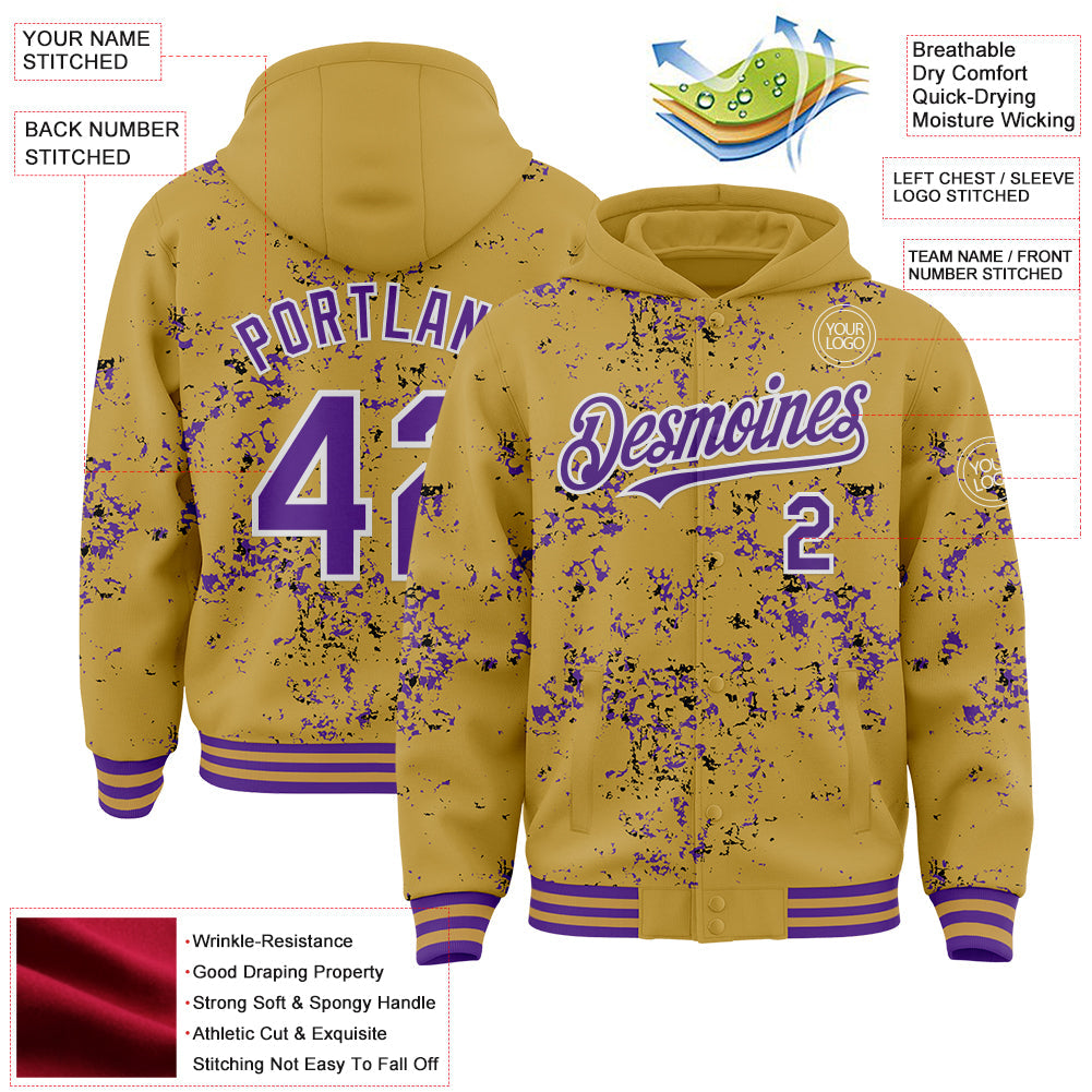 Custom Old Gold Purple Black-White Fragment 3D Pattern Design Bomber Full-Snap Varsity Letterman Hoodie Jacket