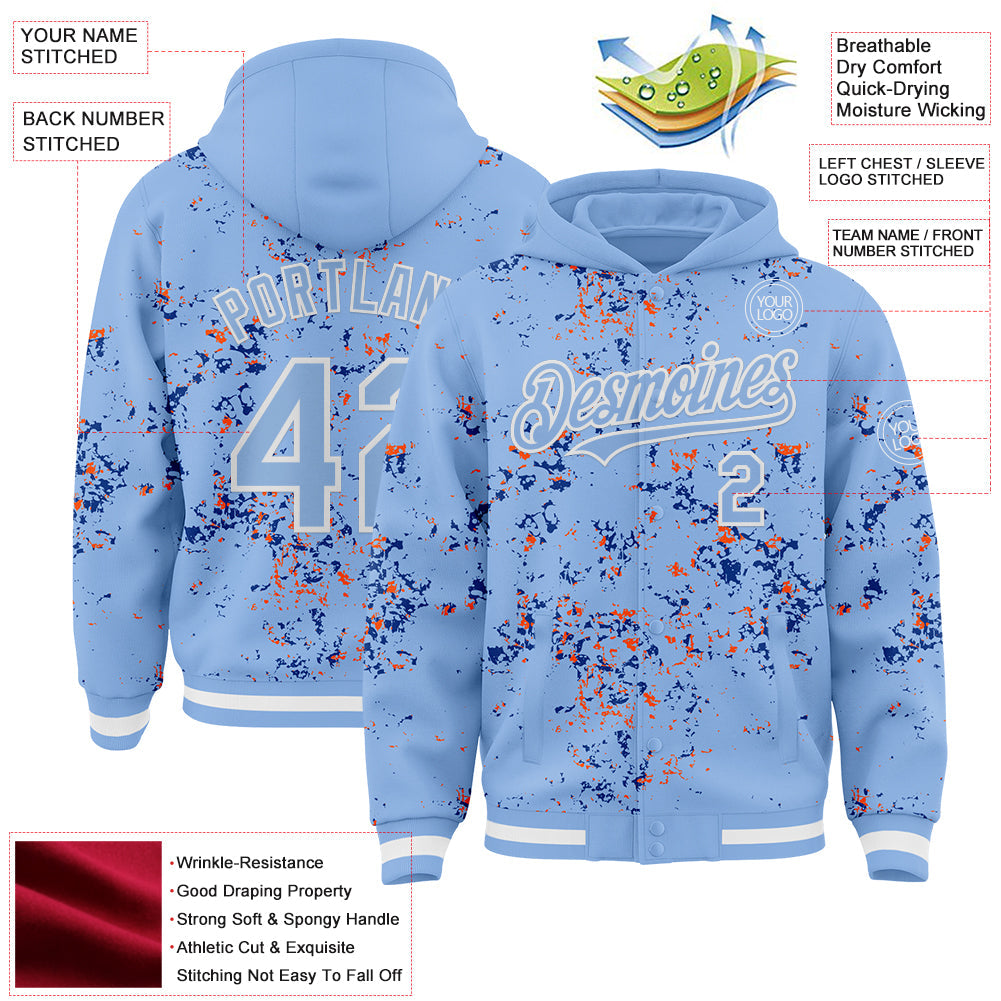 Custom Light Blue Royal Orange-White Fragment 3D Pattern Design Bomber Full-Snap Varsity Letterman Hoodie Jacket