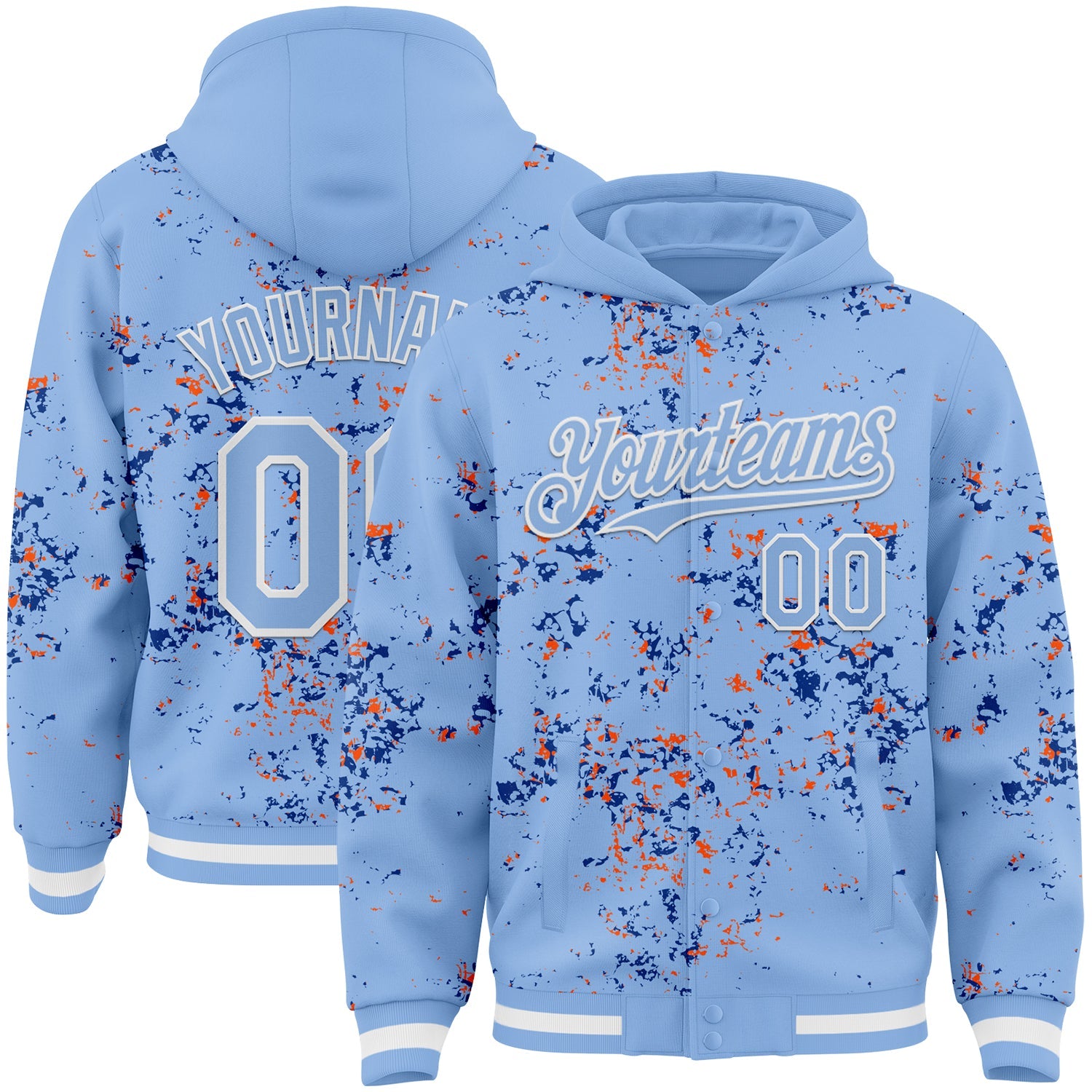 Custom Light Blue Royal Orange-White Fragment 3D Pattern Design Bomber Full-Snap Varsity Letterman Hoodie Jacket